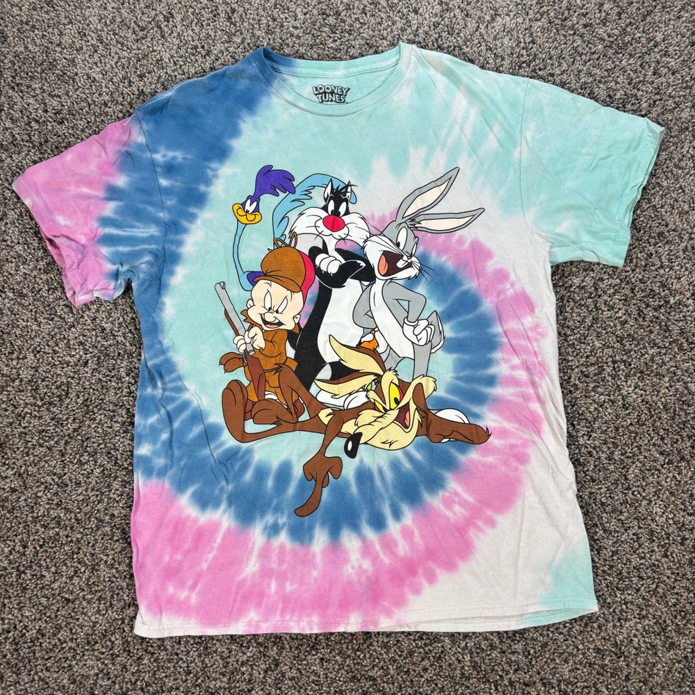 Looney Tunes Tie Dye Graphic T-Shirt Men's Large Bugs Bunny Sylvester Elmer Fudd